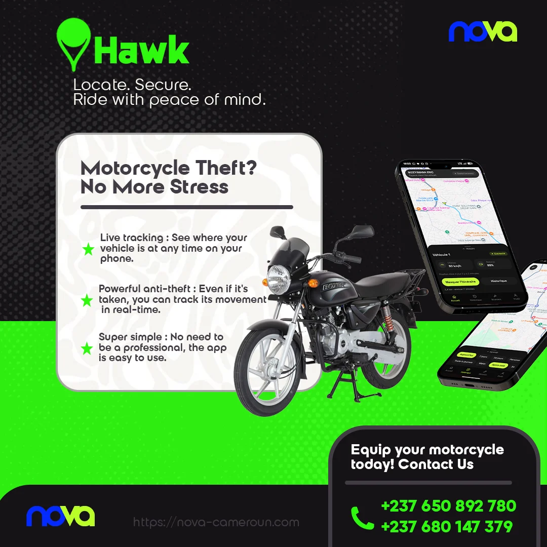 NovaHawk – flyer en anglais : motorcycle theft, live tracking and anti-theft GPS app