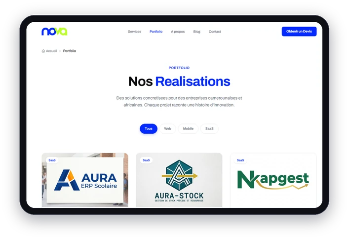 Page portfolio de Nova Cameroun presentee sur tablette
