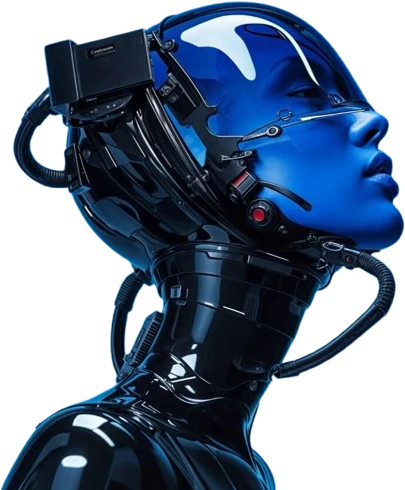 Visage cybernetique bleu coiffe d'un casque connecte : intelligence artificielle