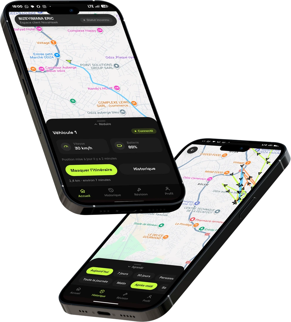 Application mobile NovaHawk de suivi GPS de vehicules, ecrans carte et historique